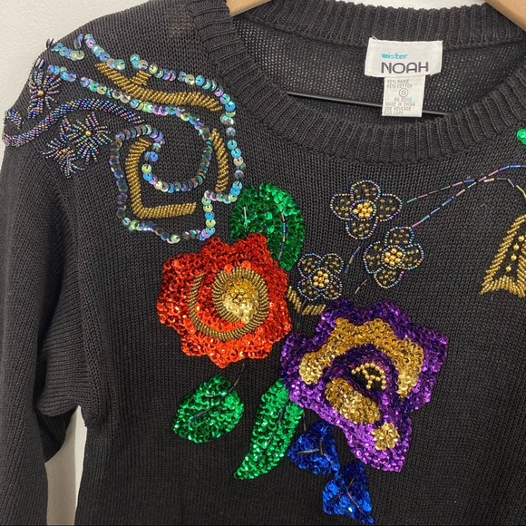 Vintage Black Long Sleeve Sweater Dress with Multicolor Floral Sequins Small - Picture 2 of 6